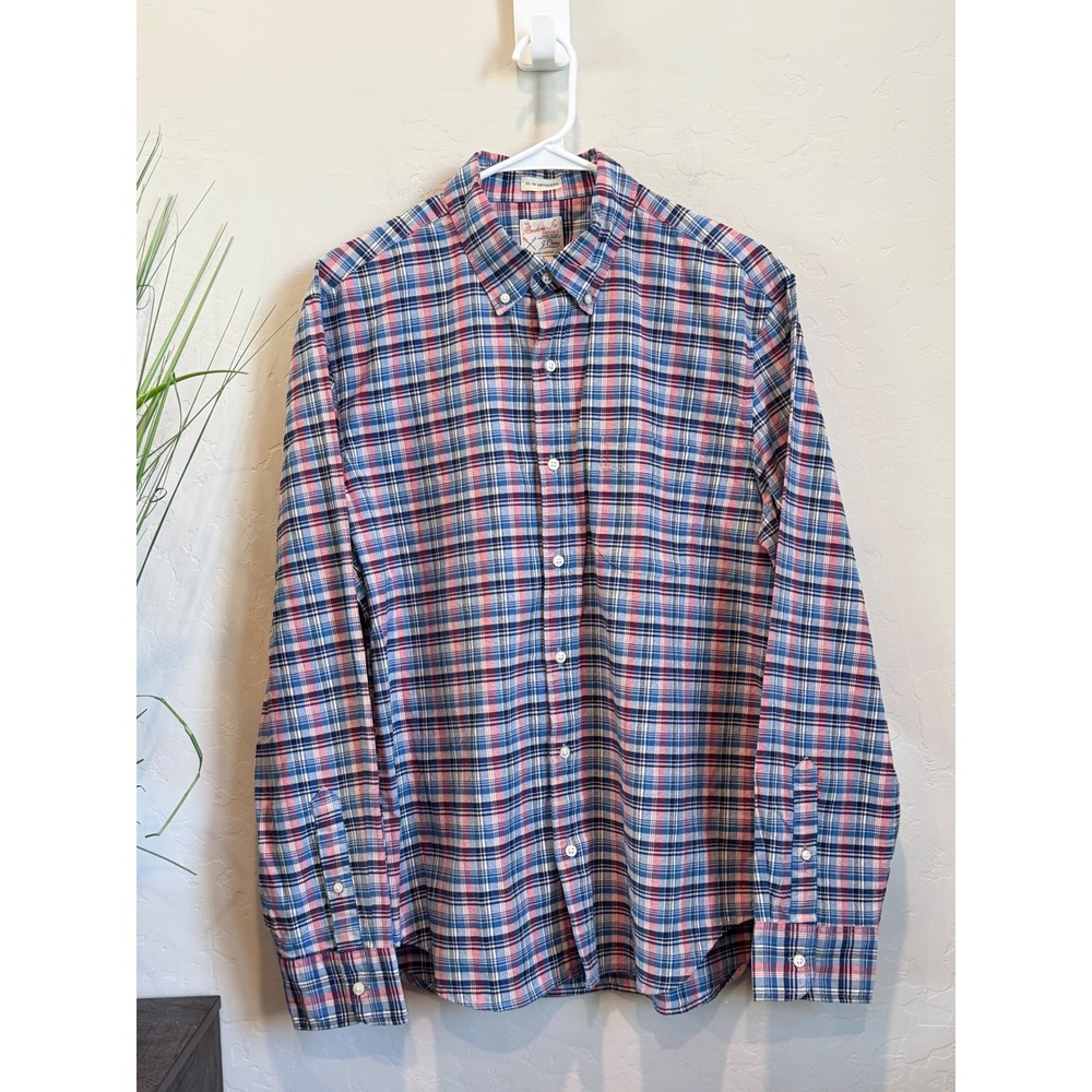 J.Crew Mens Broken-In Oxford Slim Untucked Plaid Shirt L Blue Red AU765 NEW